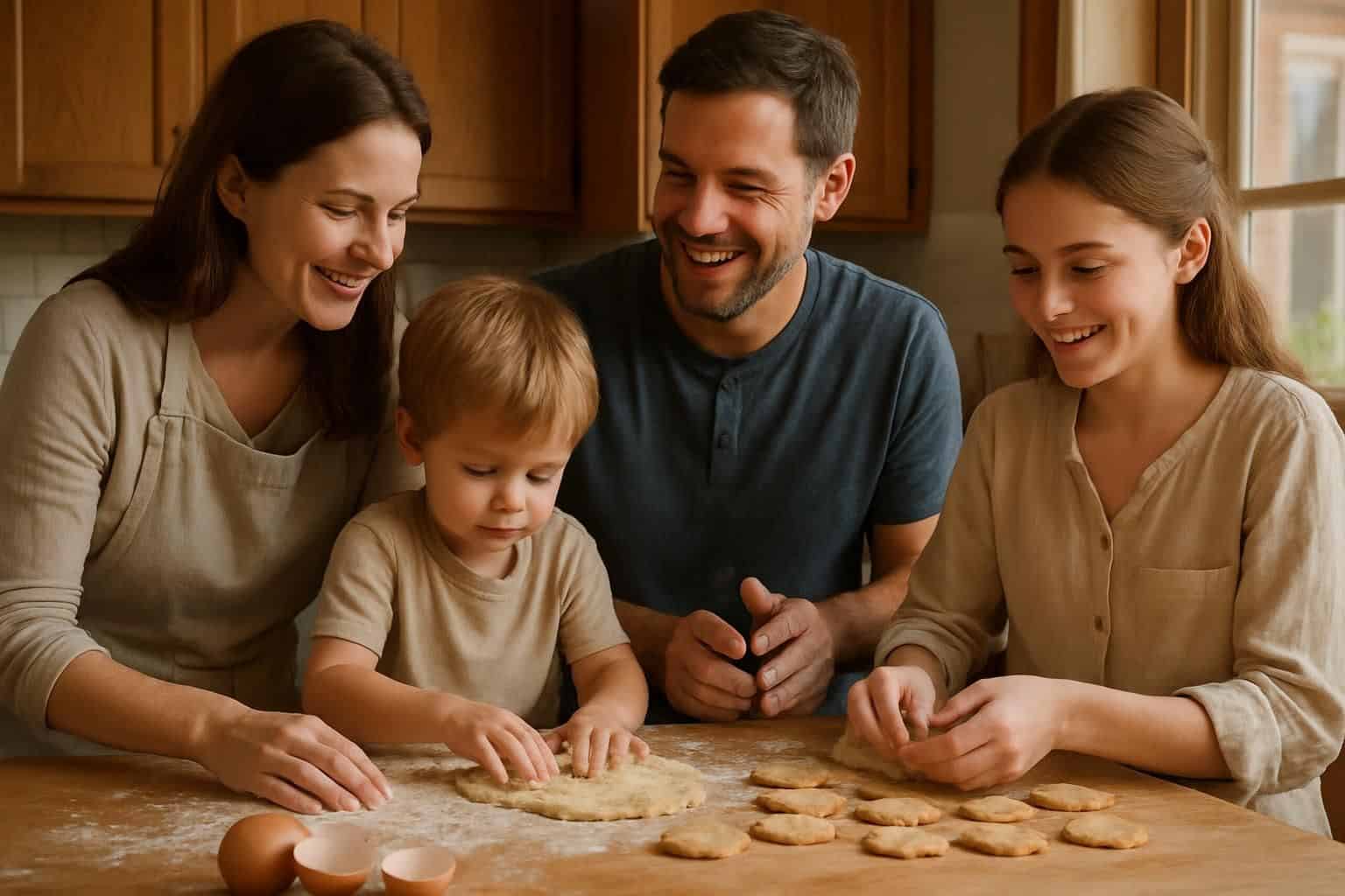 A family of four bakes together in a warm, inviting kitchen. A family of four bakes together in a warm, inviting kitchen.