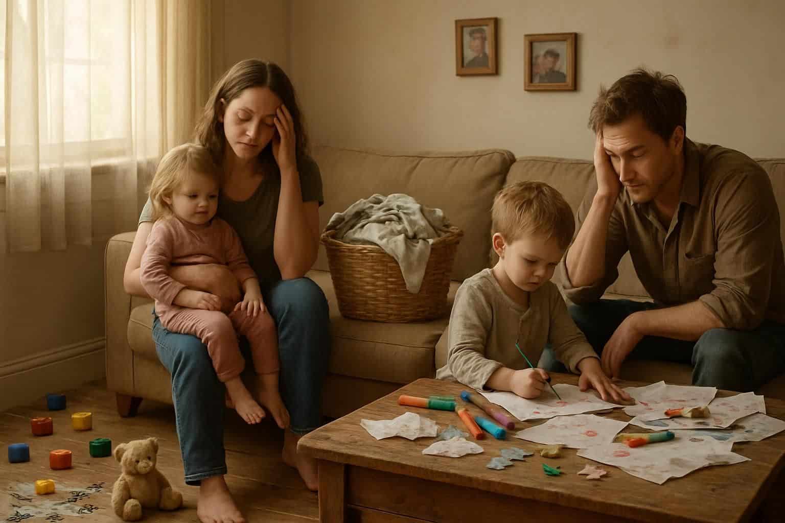 A cozy, cluttered family living room with scattered toys, crafts, and laundry. A cozy, cluttered family living room with scattered toys, crafts, and laundry.