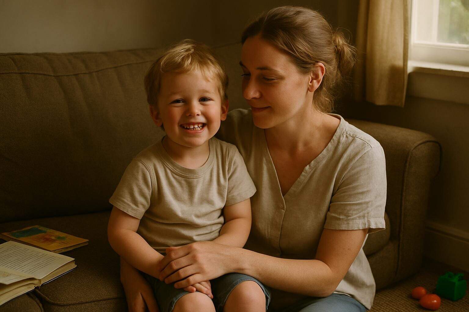 A mother and child sit on a worn sofa, surrounded by books and toys, sharing a tender, everyday moment. A mother and child sit on a worn sofa, surrounded by books and toys, sharing a tender, everyday moment.