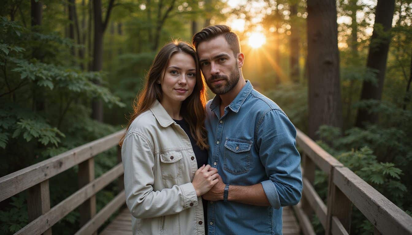 A young couple stands on a wooden bridge at sunset, surrounded by a lush forest. A young couple stands on a wooden bridge at sunset, surrounded by a lush forest.