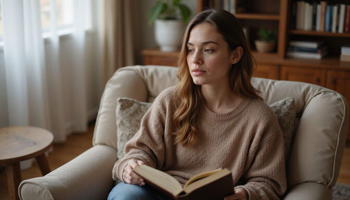 A young woman immersed in a novel, seated in a cozy, well-loved living room. A young woman immersed in a novel, seated in a cozy, well-loved living room.