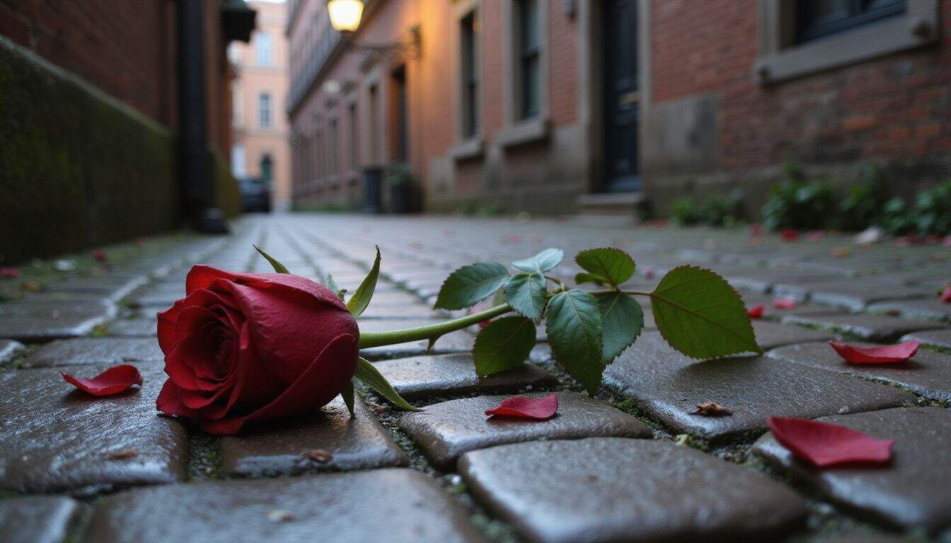 A wilted red rose lies on a damp cobblestone path in a quiet European alley. A wilted red rose lies on a damp cobblestone path in a quiet European alley.