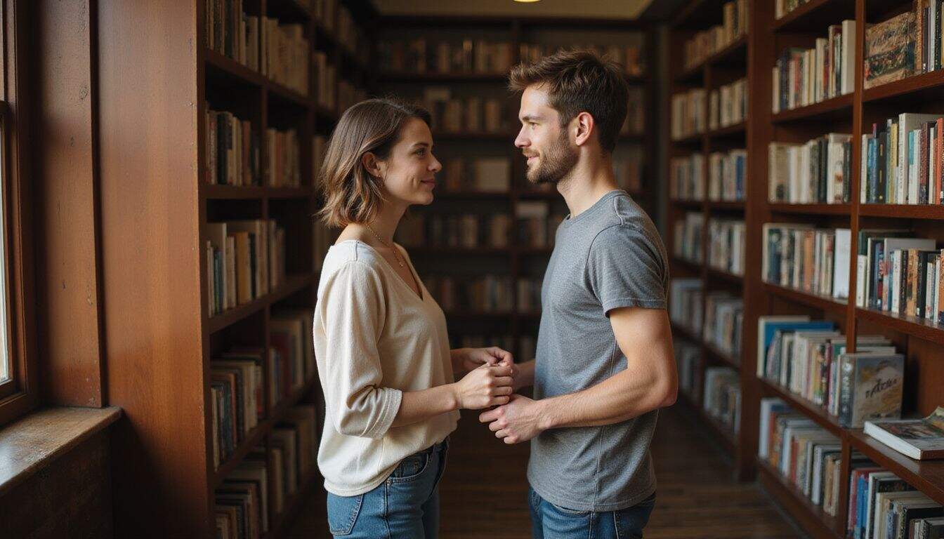 A young couple in casual attire browses books in a cozy bookstore, sharing a quiet, meaningful connection. A young couple in casual attire browses books in a cozy bookstore, sharing a quiet, meaningful connection.