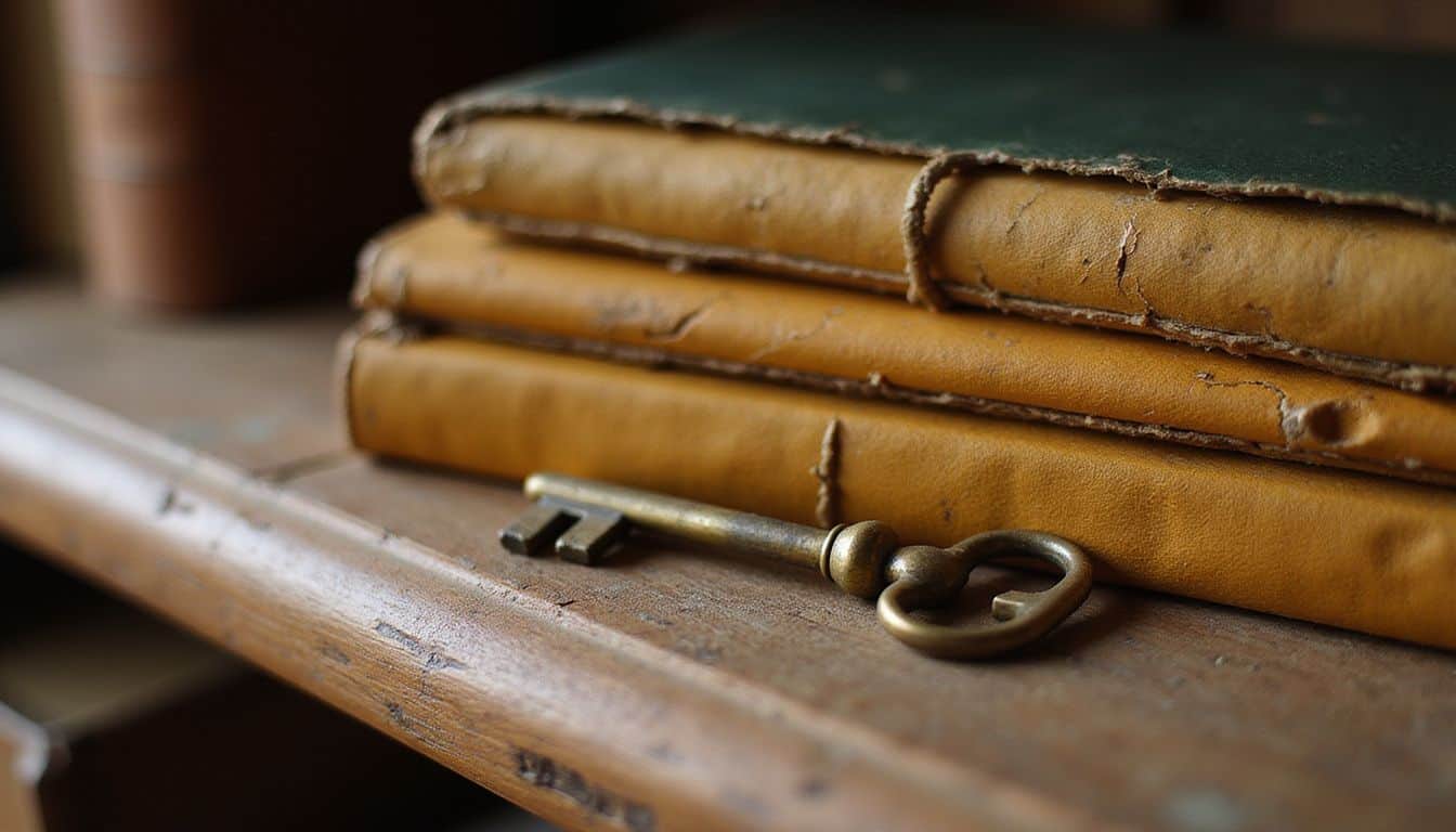A vintage brass key rests on a weathered oak bookshelf, next to a stack of well-worn leather-bound journals. A vintage brass key rests on a weathered oak bookshelf, next to a stack of well-worn leather-bound journals.