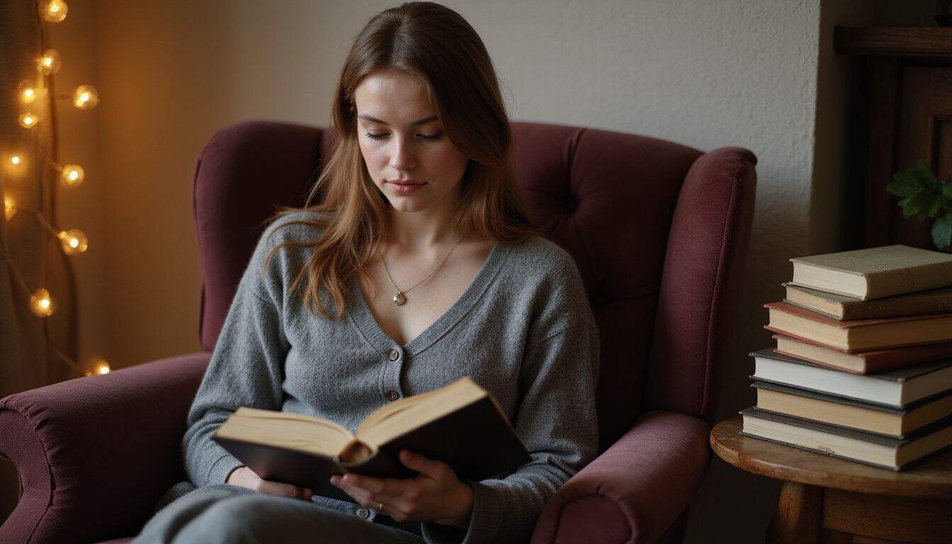 A young woman engrossed in reading a romantasy novel in a cozy, warmly lit room. A young woman engrossed in reading a romantasy novel in a cozy, warmly lit room.