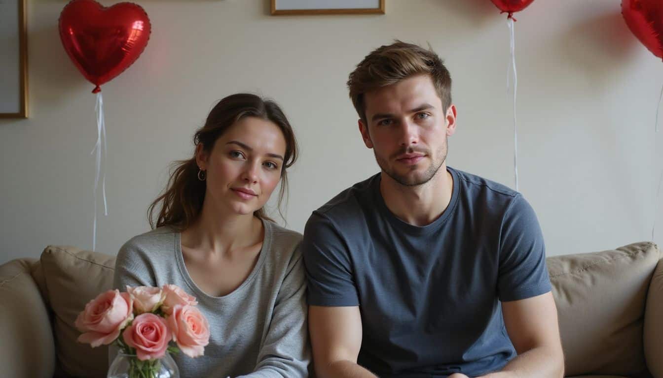 A couple sits on a worn sofa, with deflated heart-shaped balloons and artificial flowers creating a tense, staged romantic atmosphere. A couple sits on a worn sofa, with deflated heart-shaped balloons and artificial flowers creating a tense, staged romantic atmosphere.