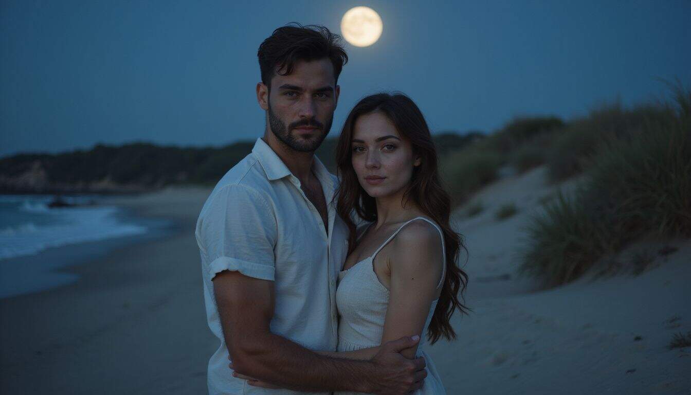 A young couple embraces on a moonlit beach, displaying tender affection and serene intimacy. A young couple embraces on a moonlit beach, displaying tender affection and serene intimacy.