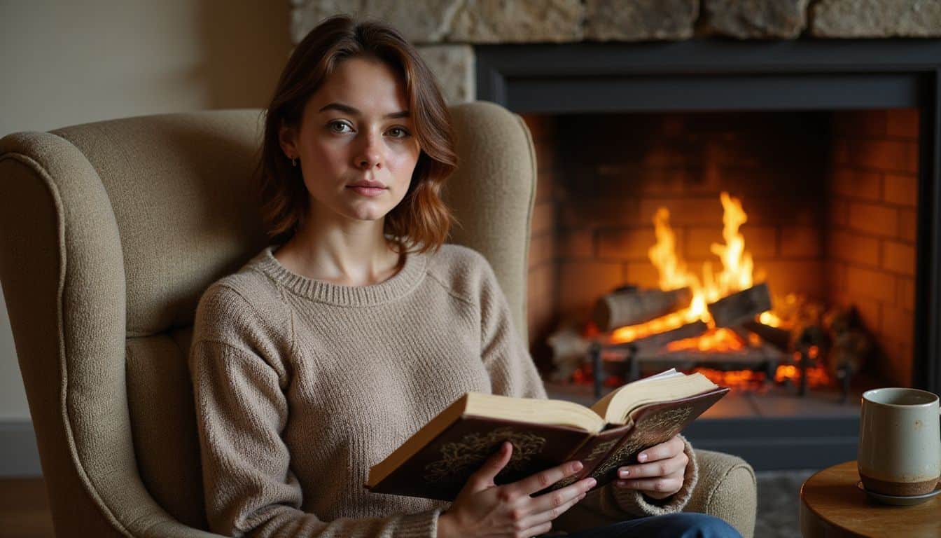 A woman reads a fantasy novel by the fireplace in a cozy living room. A woman reads a fantasy novel by the fireplace in a cozy living room.