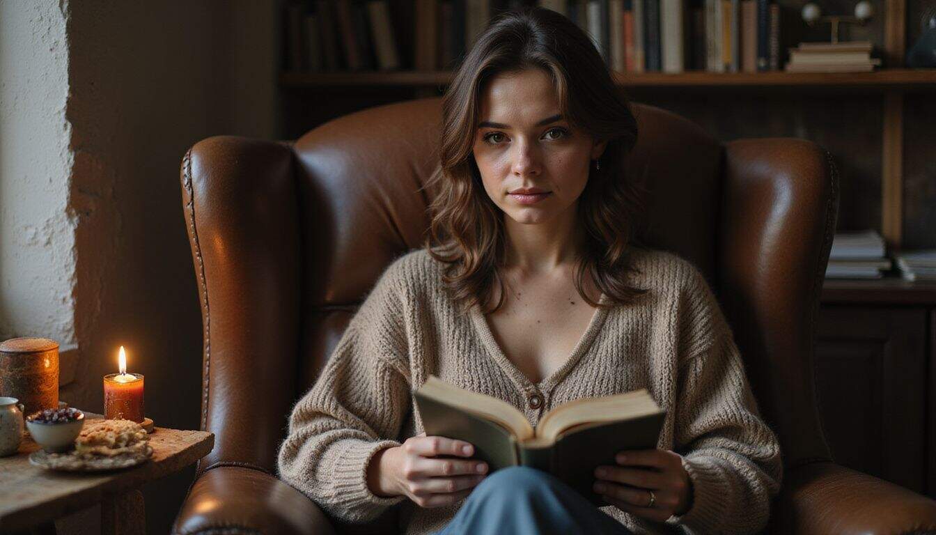 A young woman in a cozy sweater reads a fantasy romance novel by candlelight. A young woman in a cozy sweater reads a fantasy romance novel by candlelight.