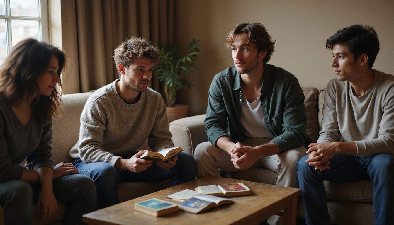 A group of young adults gather in a cozy living room for an engaging book discussion. A group of young adults gather in a cozy living room for an engaging book discussion.