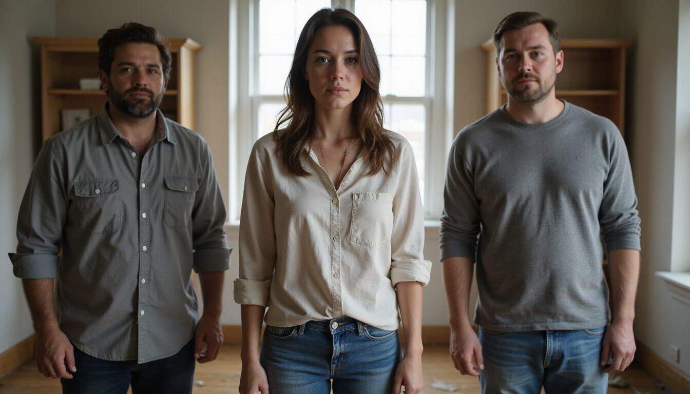 A woman and two men stand in a room, showing signs of internal struggle and emotional tension. A woman and two men stand in a room, showing signs of internal struggle and emotional tension.
