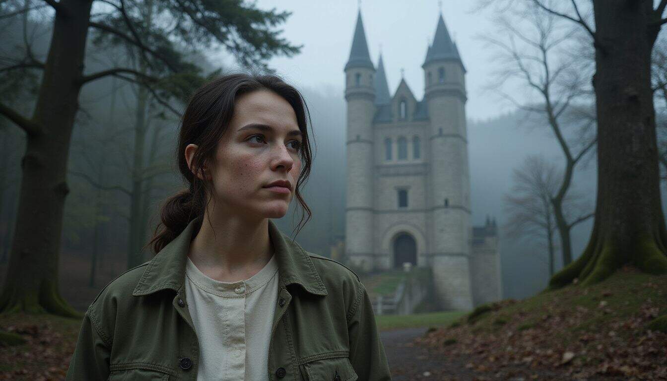 A young woman stands in a misty forest, gazing at a distant castle on a foggy morning. A young woman stands in a misty forest, gazing at a distant castle on a foggy morning.