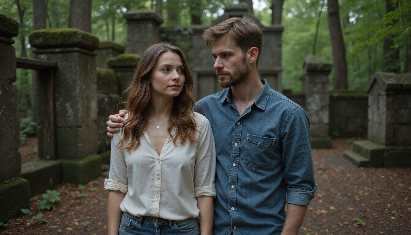 A man and woman stand in a forest clearing, surrounded by moss-covered stone ruins, with fireflies glowing around them.
