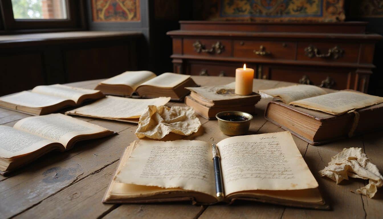 An aged wooden writing desk with open books, parchment papers, and a flickering candle. An aged wooden writing desk with open books, parchment papers, and a flickering candle.