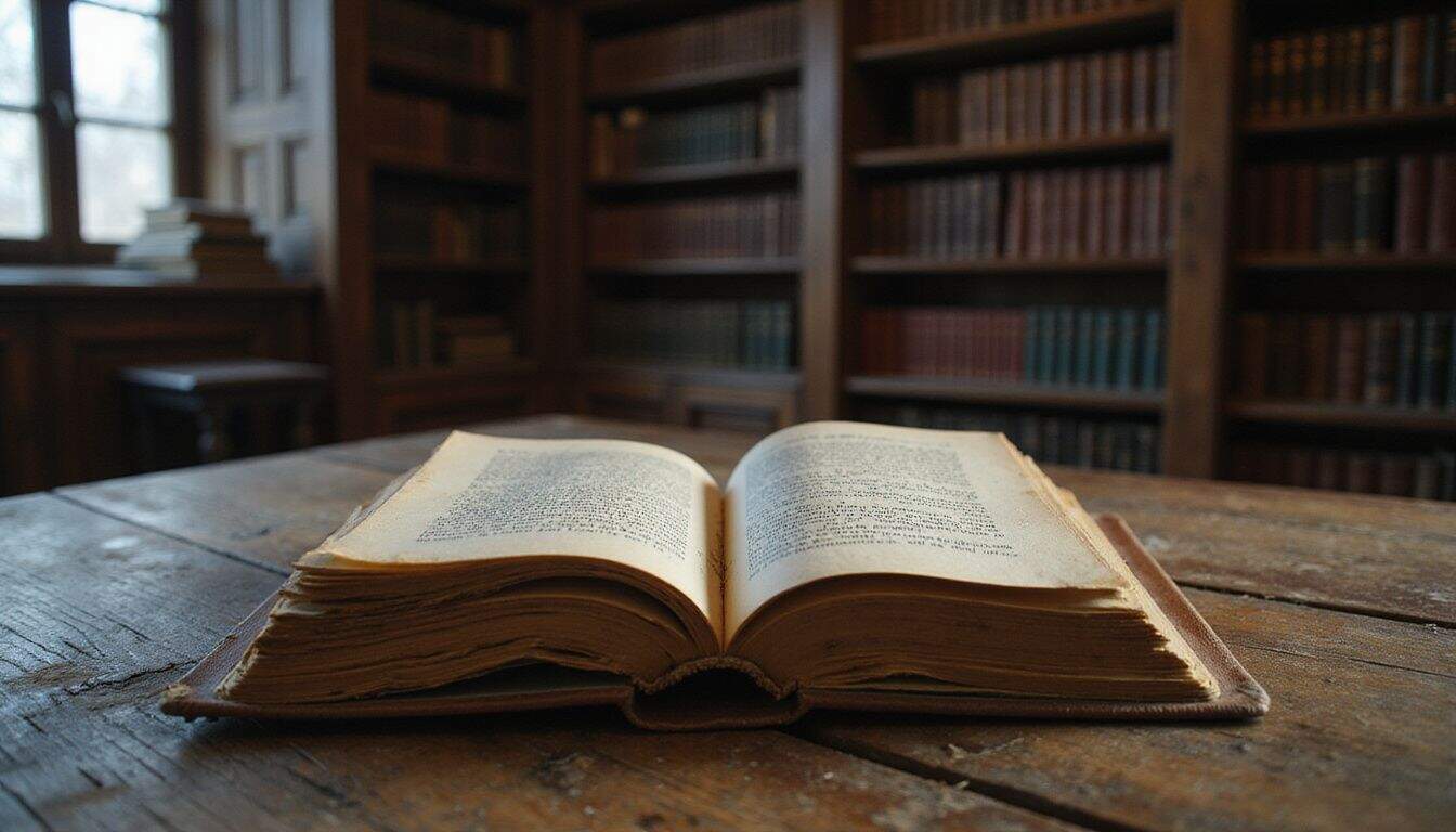 An old, well-loved fairy tale book on a rustic table in a dim, dusty library. An old, well-loved fairy tale book on a rustic table in a dim, dusty library.