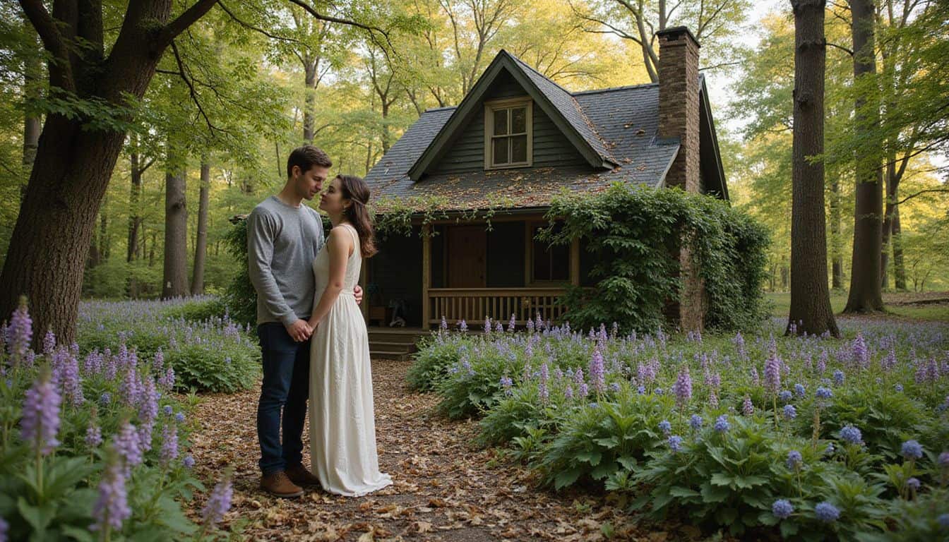 A secluded forest clearing with a charming cottage surrounded by wildflowers and a loving couple. A secluded forest clearing with a charming cottage surrounded by wildflowers and a loving couple.
