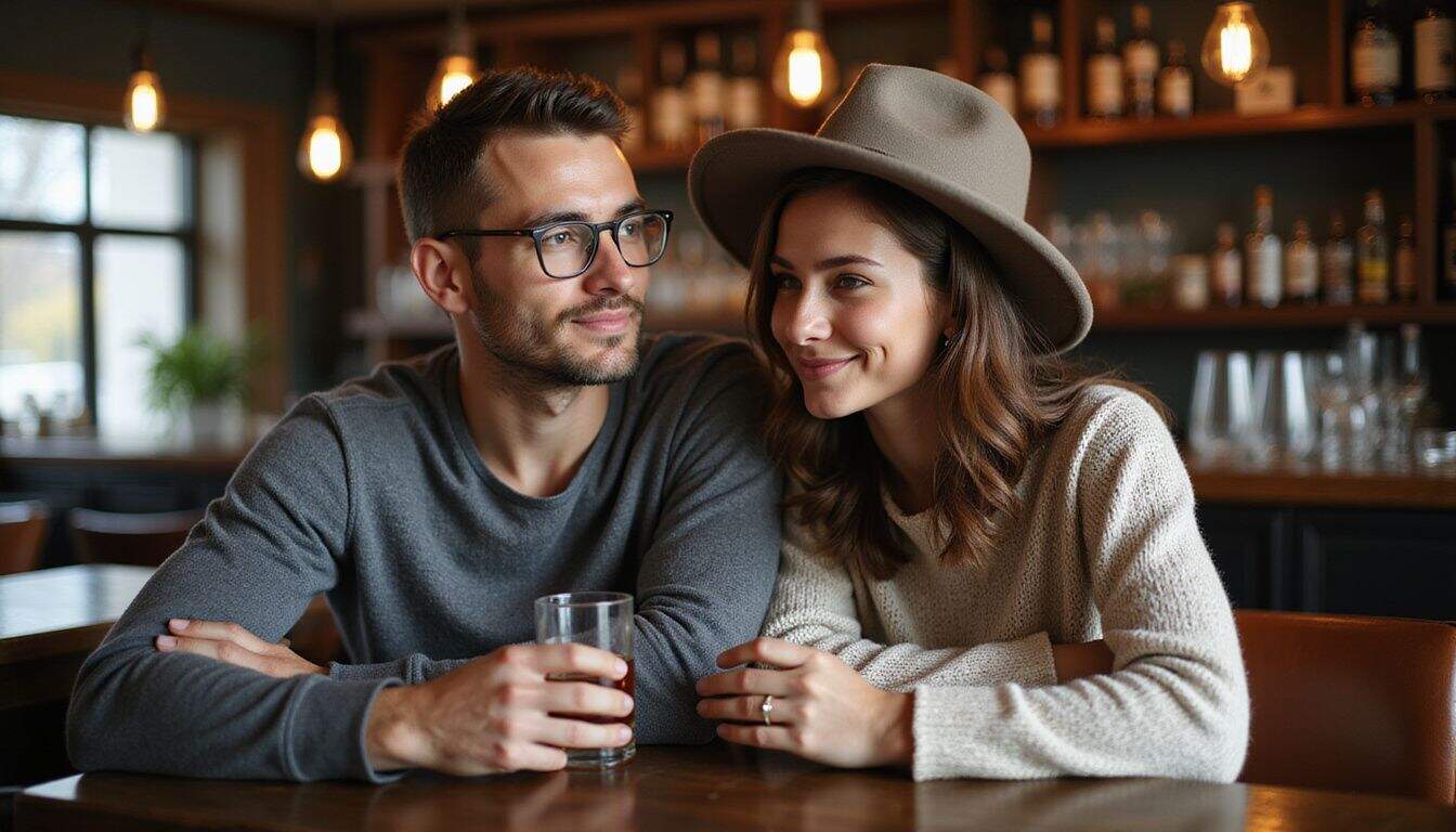 A man and woman in their 30s sit at a bar, engaged in a tentative yet attentive conversation. A man and woman in their 30s sit at a bar, engaged in a tentative yet attentive conversation.
