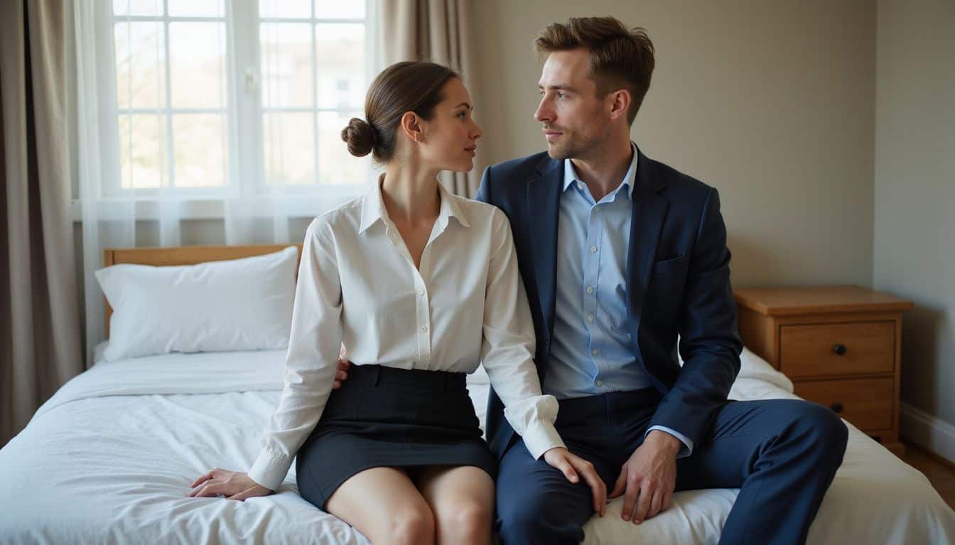A couple in their 30s sits close on a neatly made bed in a modestly furnished bedroom. A couple in their 30s sits close on a neatly made bed in a modestly furnished bedroom.