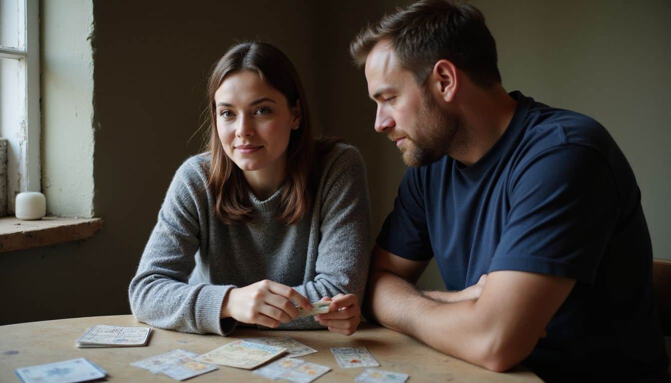 A couple in their mid-30s sits at a table, preparing for a roleplay session. A couple in their mid-30s sits at a table, preparing for a roleplay session.