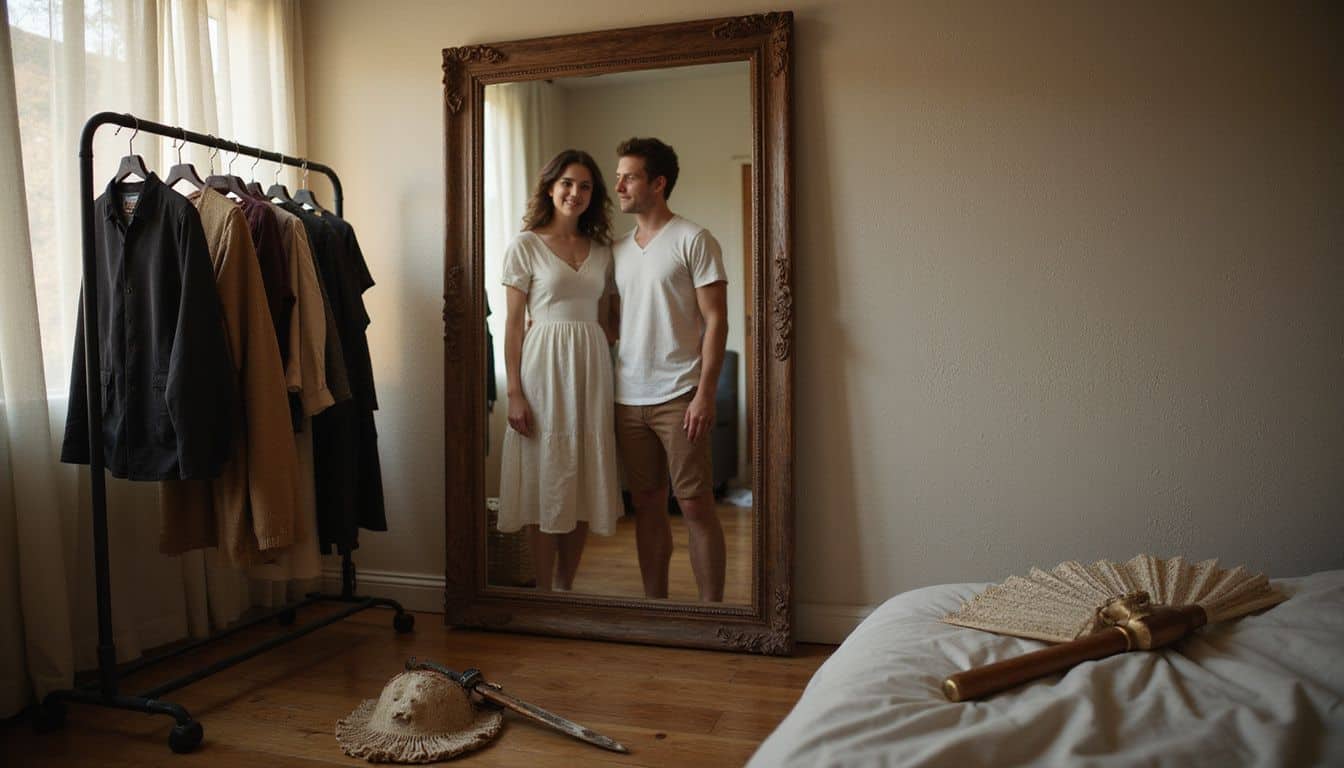 A bedroom with costumes, props, and a mirror capturing a couple's intimate moment. A bedroom with costumes, props, and a mirror capturing a couple's intimate moment.