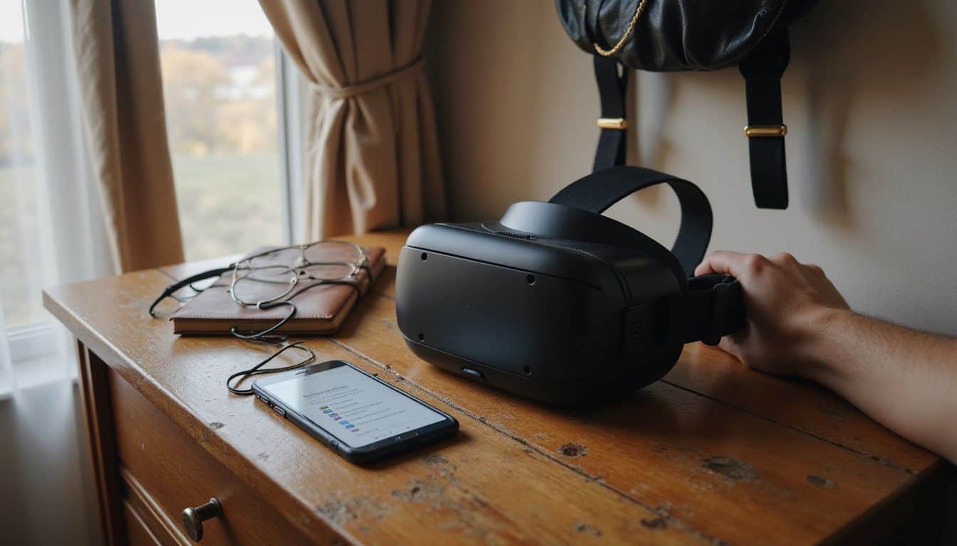 A virtual reality headset, smartphone, and personal items on a bedside table in a bedroom. A virtual reality headset, smartphone, and personal items on a bedside table in a bedroom.