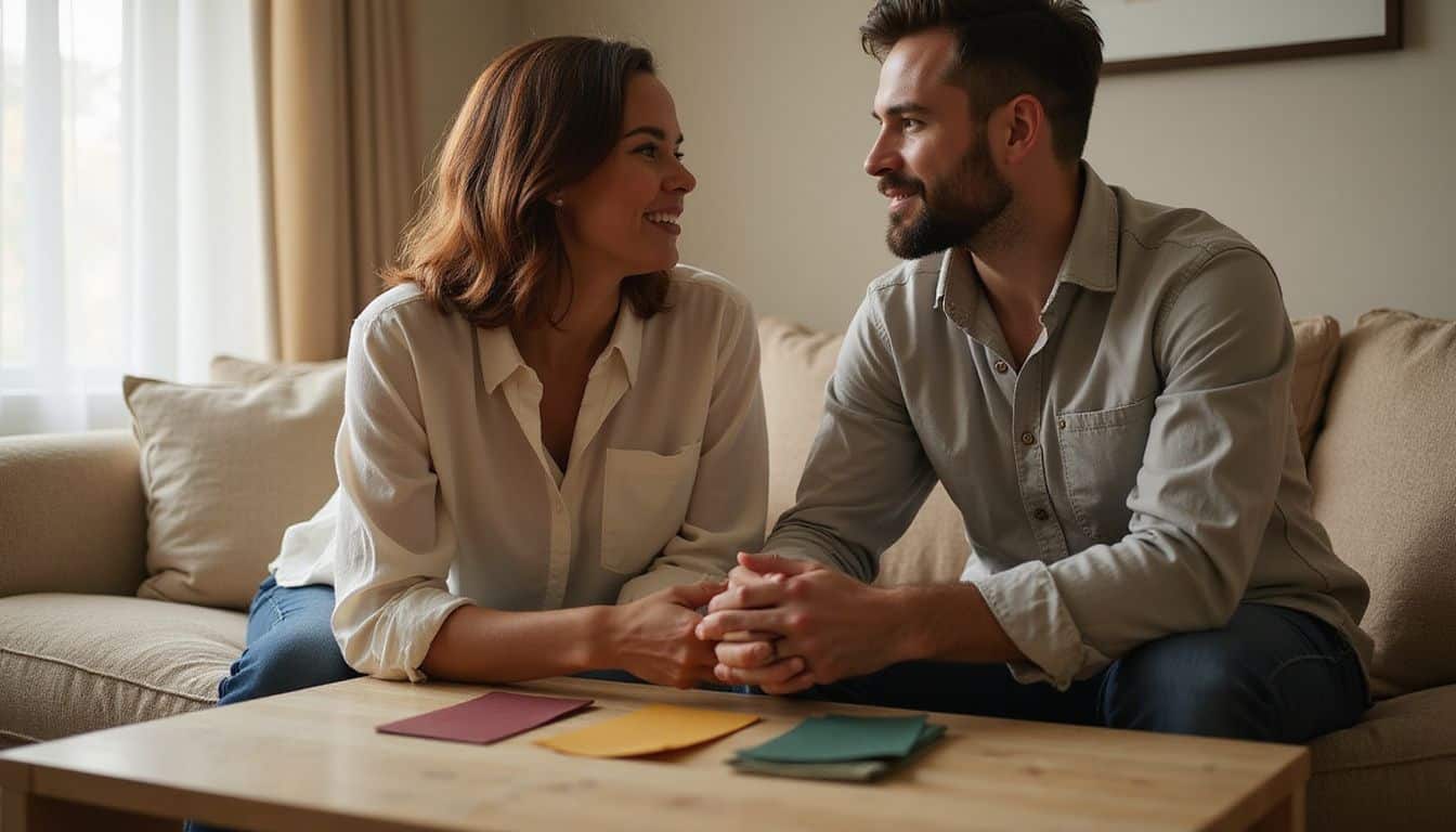 A man and a woman sit closely on a couch, holding hands and engaging in an intimate conversation. A man and a woman sit closely on a couch, holding hands and engaging in an intimate conversation.