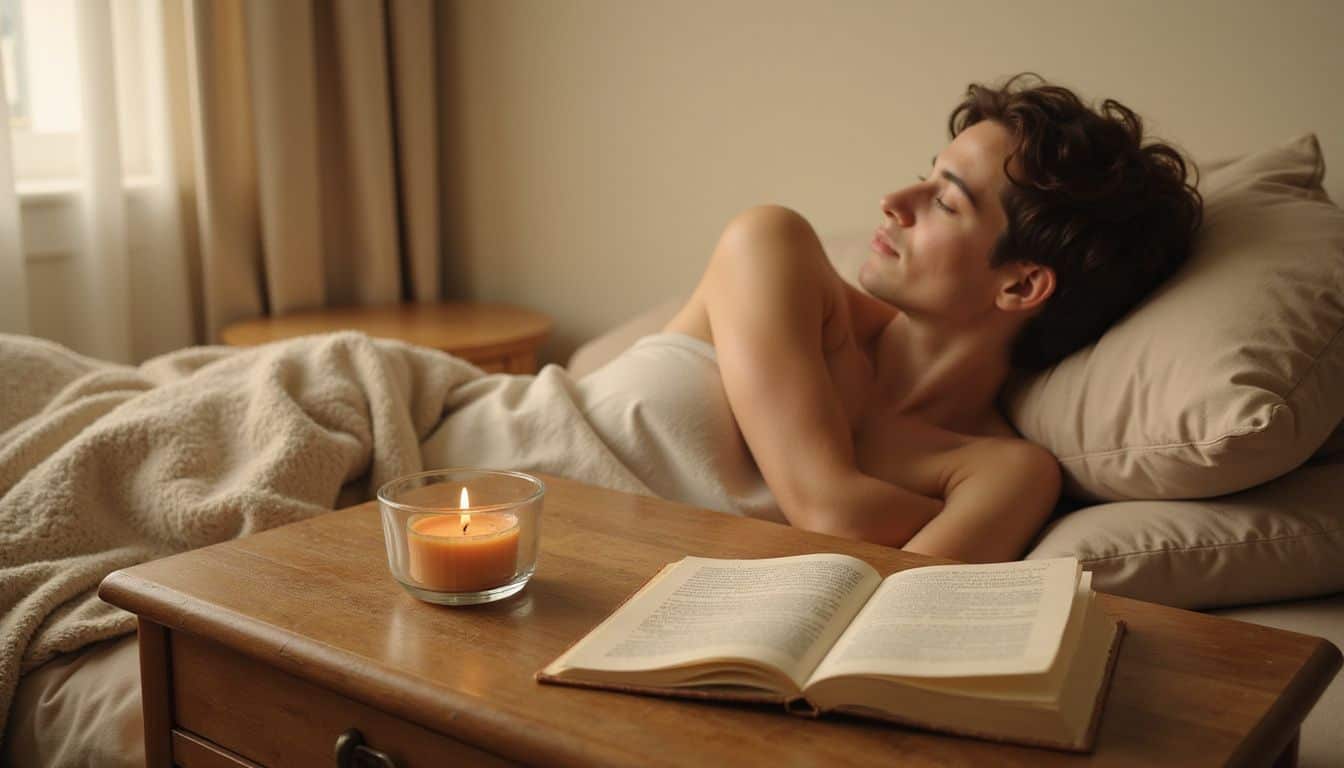 A serene and cozy bedroom scene with a handwritten note, book, and flickering candle. A serene and cozy bedroom scene with a handwritten note, book, and flickering candle.