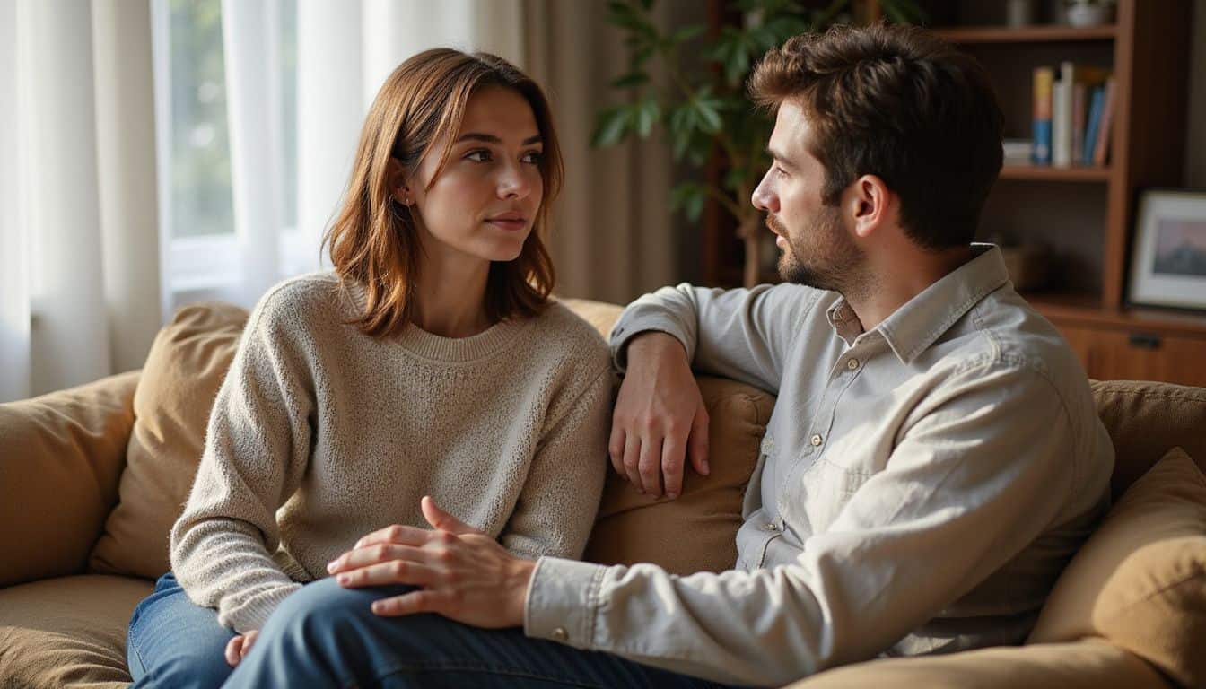 A woman and a man in their early 30s engaged in deep conversation on a cozy couch. A woman and a man in their early 30s engaged in deep conversation on a cozy couch.