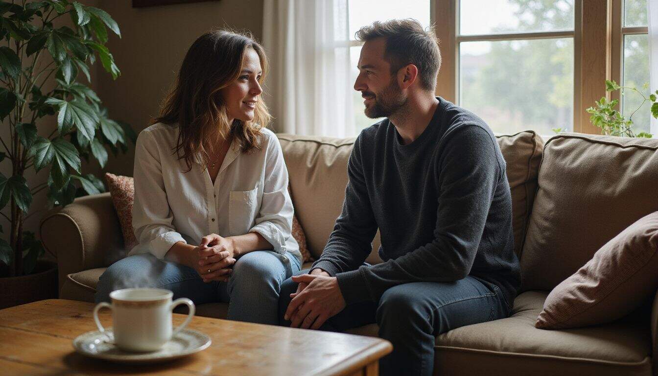 A man and a woman engage in a meaningful conversation in a cozy living room. A man and a woman engage in a meaningful conversation in a cozy living room.