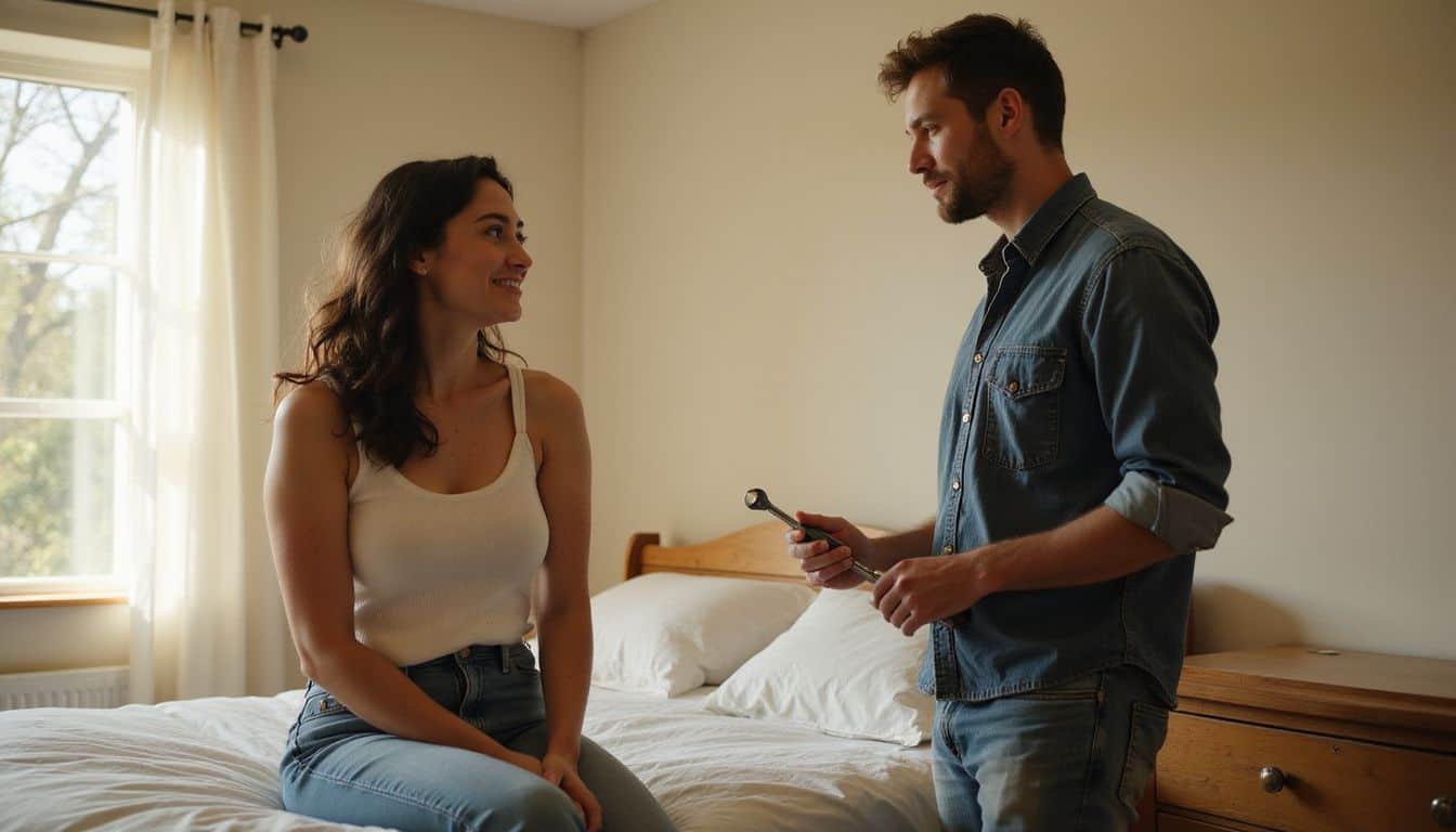 A couple shares a quiet, intimate moment in a softly lit bedroom as they work on a project together. A couple shares a quiet, intimate moment in a softly lit bedroom as they work on a project together.
