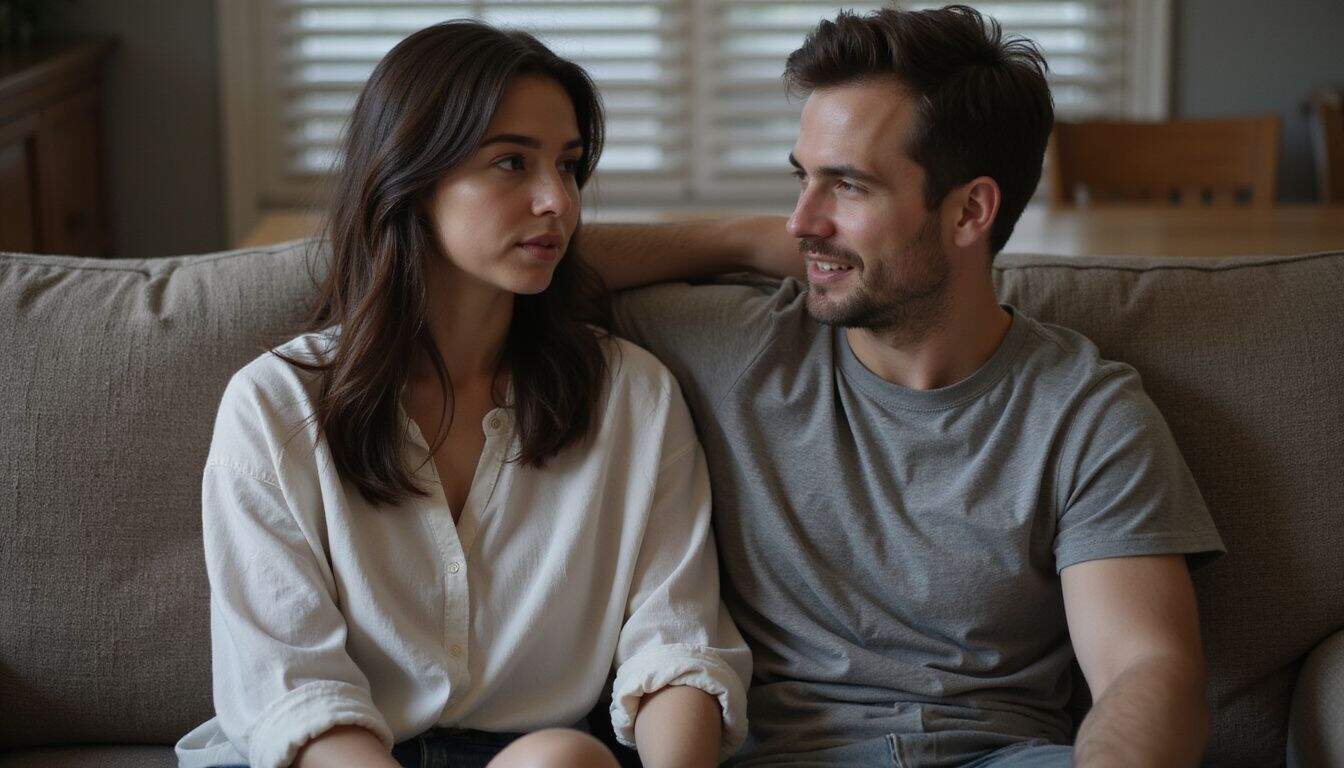 A young man and woman sit closely on a couch, engaged in a private conversation in a warmly lit living room. A young man and woman sit closely on a couch, engaged in a private conversation in a warmly lit living room.