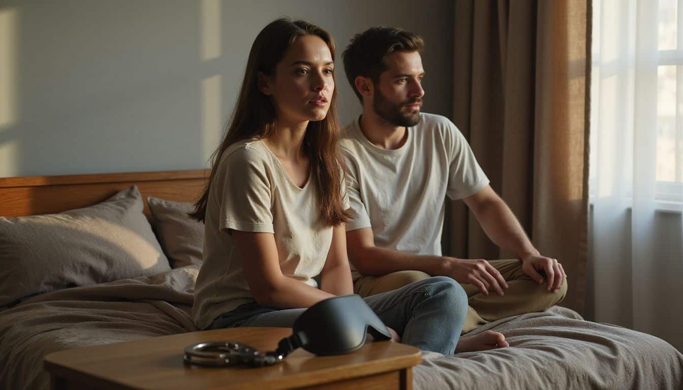 A couple sits on a bed in a softly lit room, with handcuffs and a blindfold on the bedside table, engaging in a serious conversation. A couple sits on a bed in a softly lit room, with handcuffs and a blindfold on the bedside table, engaging in a serious conversation.