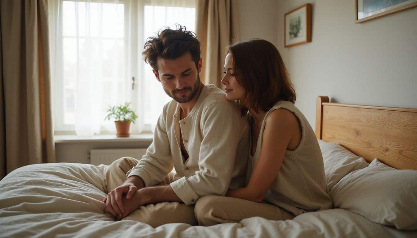 A couple in playful costumes sits closely on a bed, exuding warmth and intimacy. A couple in playful costumes sits closely on a bed, exuding warmth and intimacy.