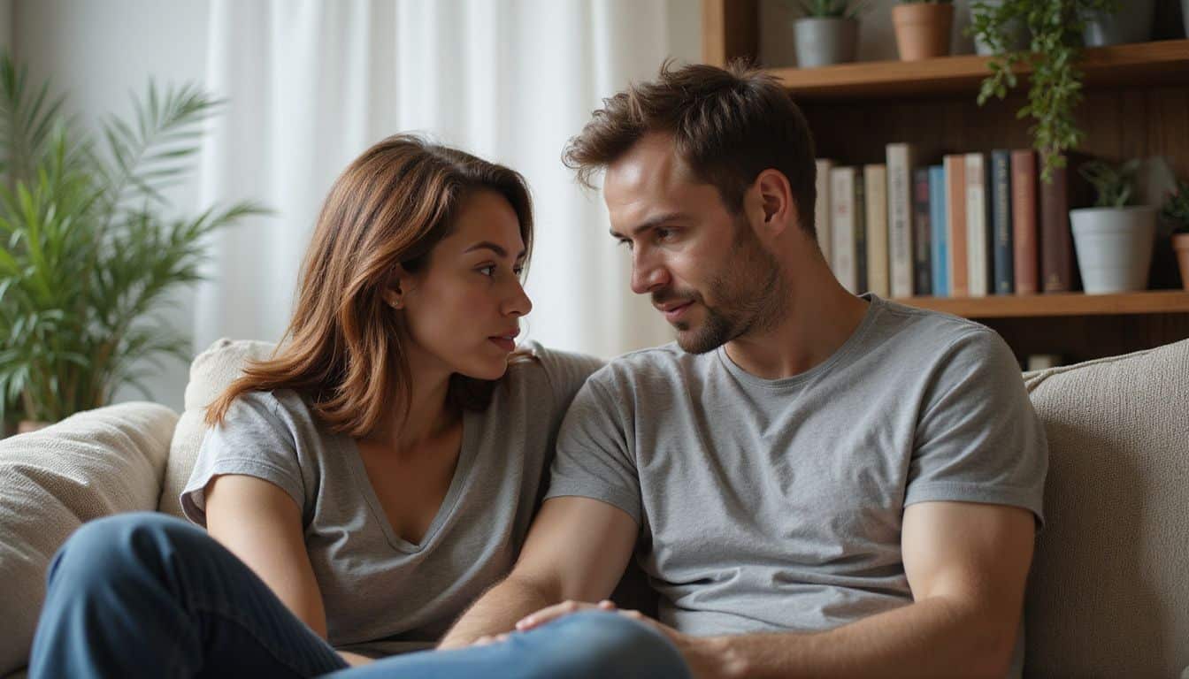A man and woman in their late 30s sit closely on a plush couch, engrossed in conversation. A man and woman in their late 30s sit closely on a plush couch, engrossed in conversation.