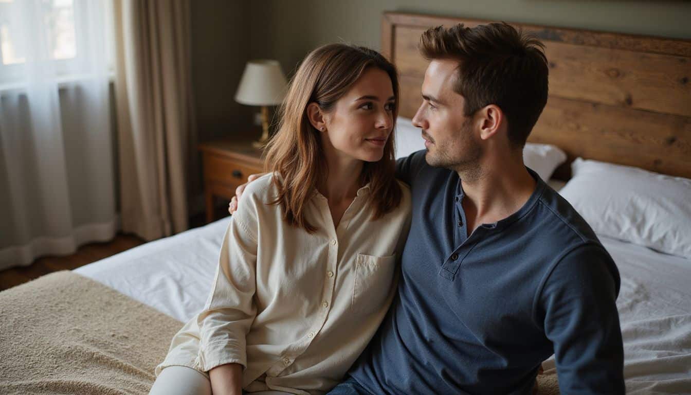 A couple in their mid-30s shares a tender, intimate moment on a neatly made bed. A couple in their mid-30s shares a tender, intimate moment on a neatly made bed.
