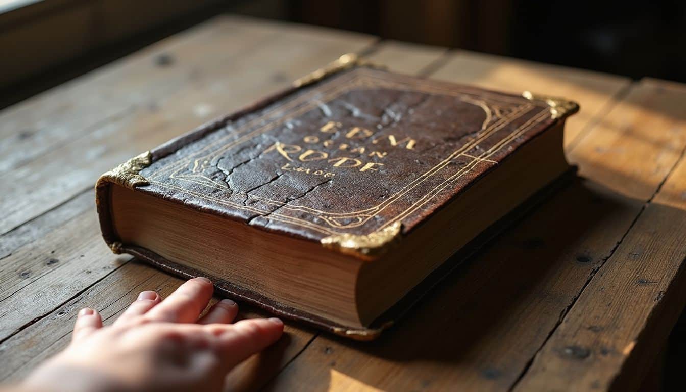 A closed medieval manuscript with a weathered leather cover rests on an oak table. A closed medieval manuscript with a weathered leather cover rests on an oak table.