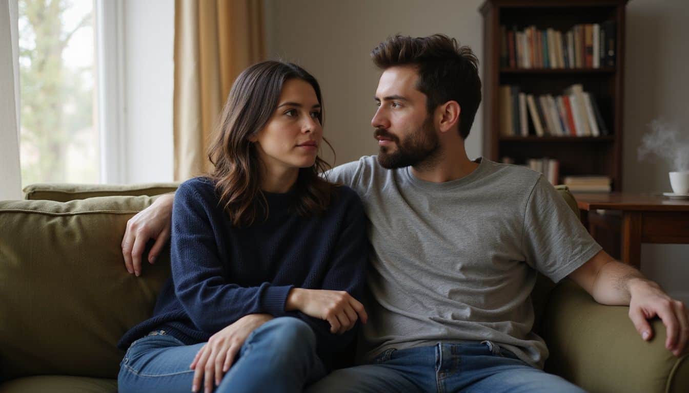 A couple in their 30s sits closely on a green sofa having a heartfelt conversation in a warmly lit living room. A couple in their 30s sits closely on a green sofa having a heartfelt conversation in a warmly lit living room.
