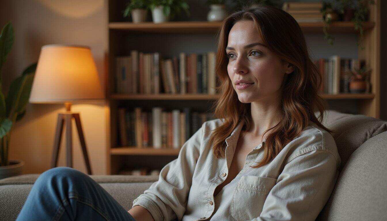 A woman in her 30s sits comfortably on a beige sofa, engaged in conversation in a cozy living room. A woman in her 30s sits comfortably on a beige sofa, engaged in conversation in a cozy living room.