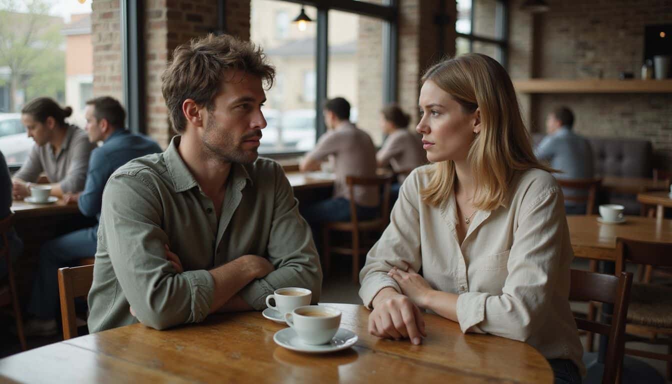 A couple in a small café have a serious conversation amidst a quietly judgmental atmosphere. A couple in a small café have a serious conversation amidst a quietly judgmental atmosphere.