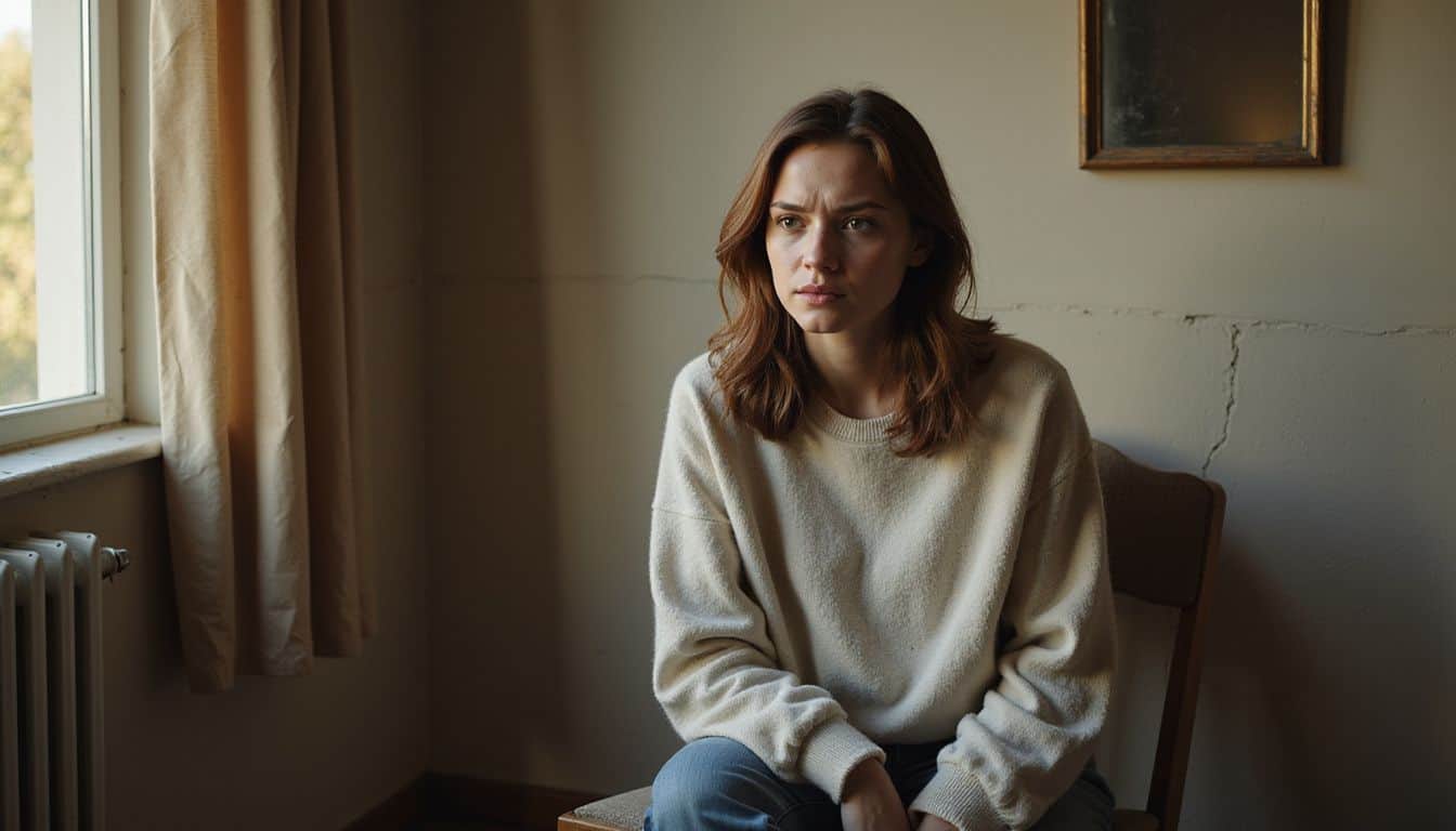 A young woman sits in a sparsely furnished room, looking into a tarnished mirror with a pained expression. A young woman sits in a sparsely furnished room, looking into a tarnished mirror with a pained expression.