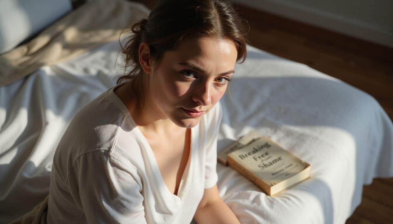 A woman in her mid-30s sits on a bed with a contemplative expression, next to a book titled *Breaking Free from Shame*. A woman in her mid-30s sits on a bed with a contemplative expression, next to a book titled *Breaking Free from Shame*.