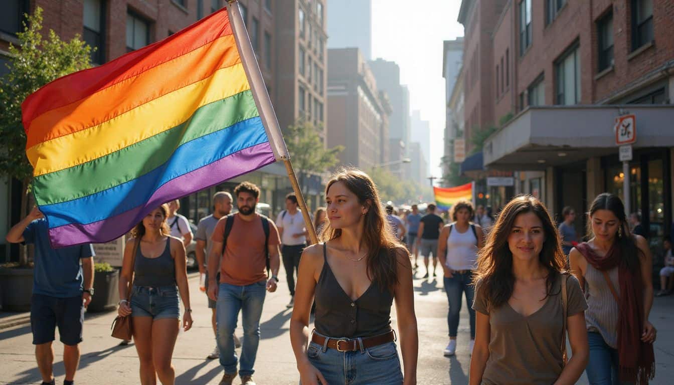 A cluster of vibrant pride flags flutter in the wind above a bustling city street. A cluster of vibrant pride flags flutter in the wind above a bustling city street.