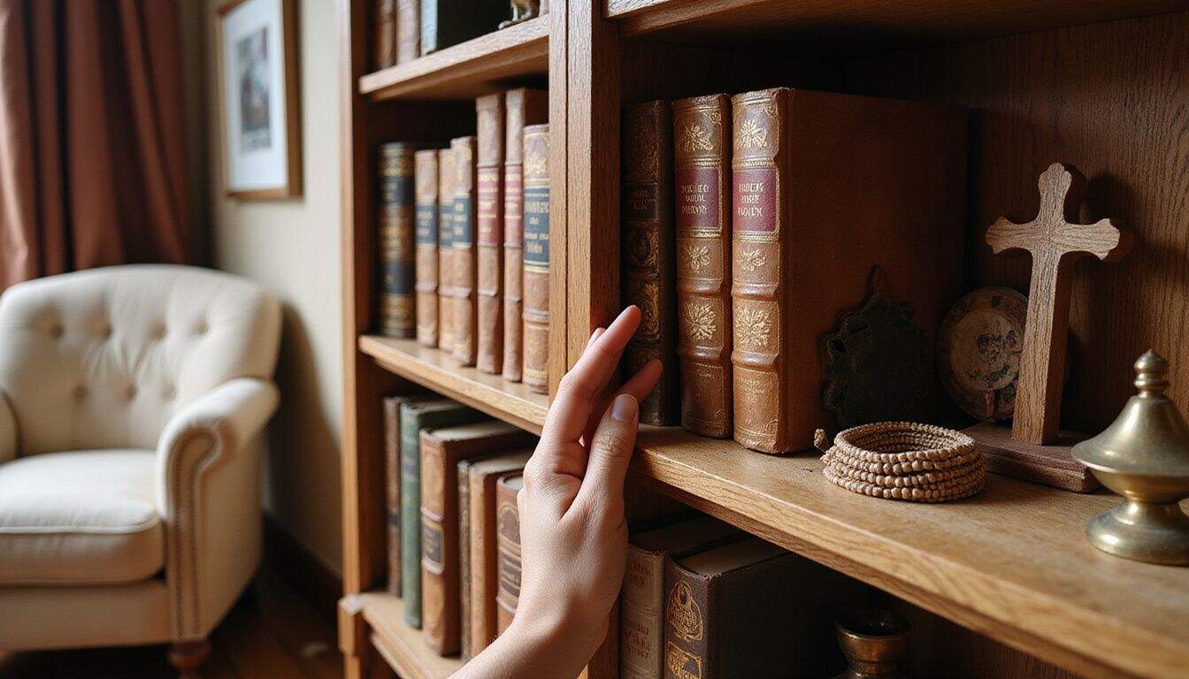 A wooden bookshelf filled with religious books and cultural artifacts in a warm, lived-in living room. A wooden bookshelf filled with religious books and cultural artifacts in a warm, lived-in living room.