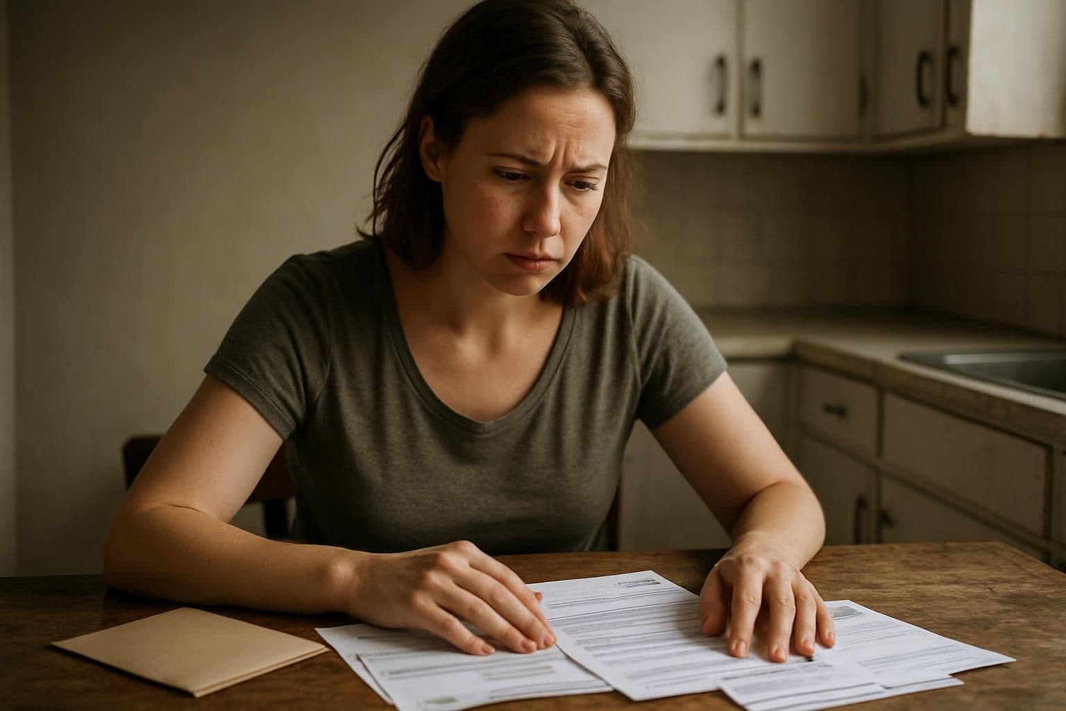 A woman sits at a kitchen table, looking worried as she sorts through bills. A woman sits at a kitchen table, looking worried as she sorts through bills.