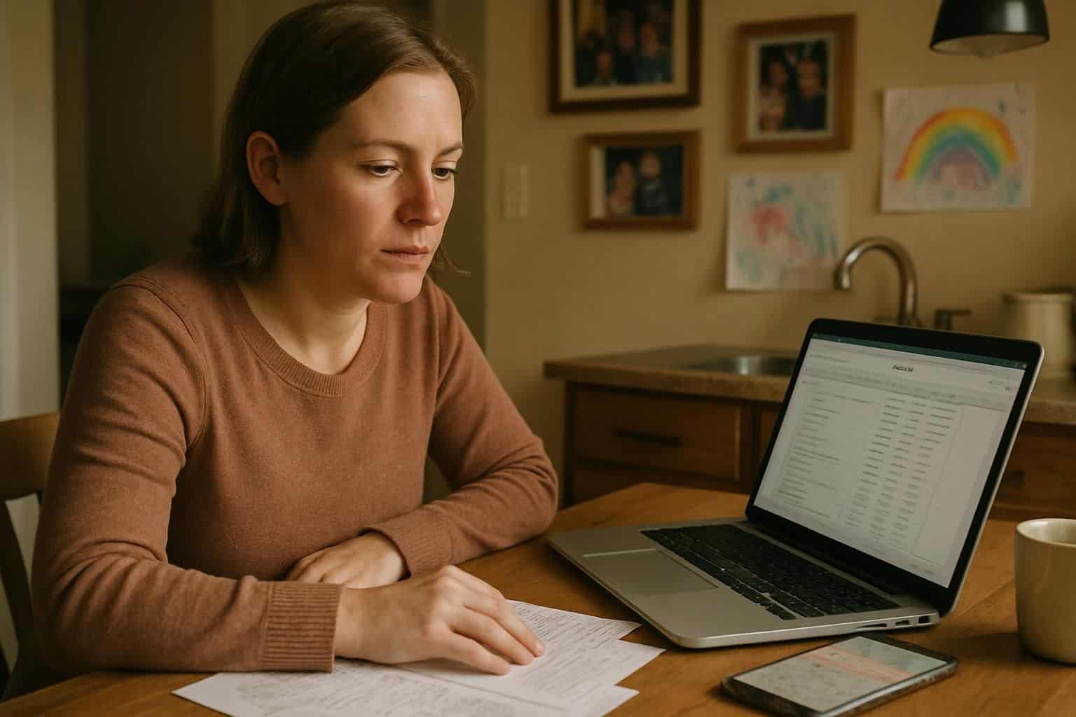 A woman in her 30s sits at a kitchen table with homework, budgeting, and meal-planning tools. A woman in her 30s sits at a kitchen table with homework, budgeting, and meal-planning tools.