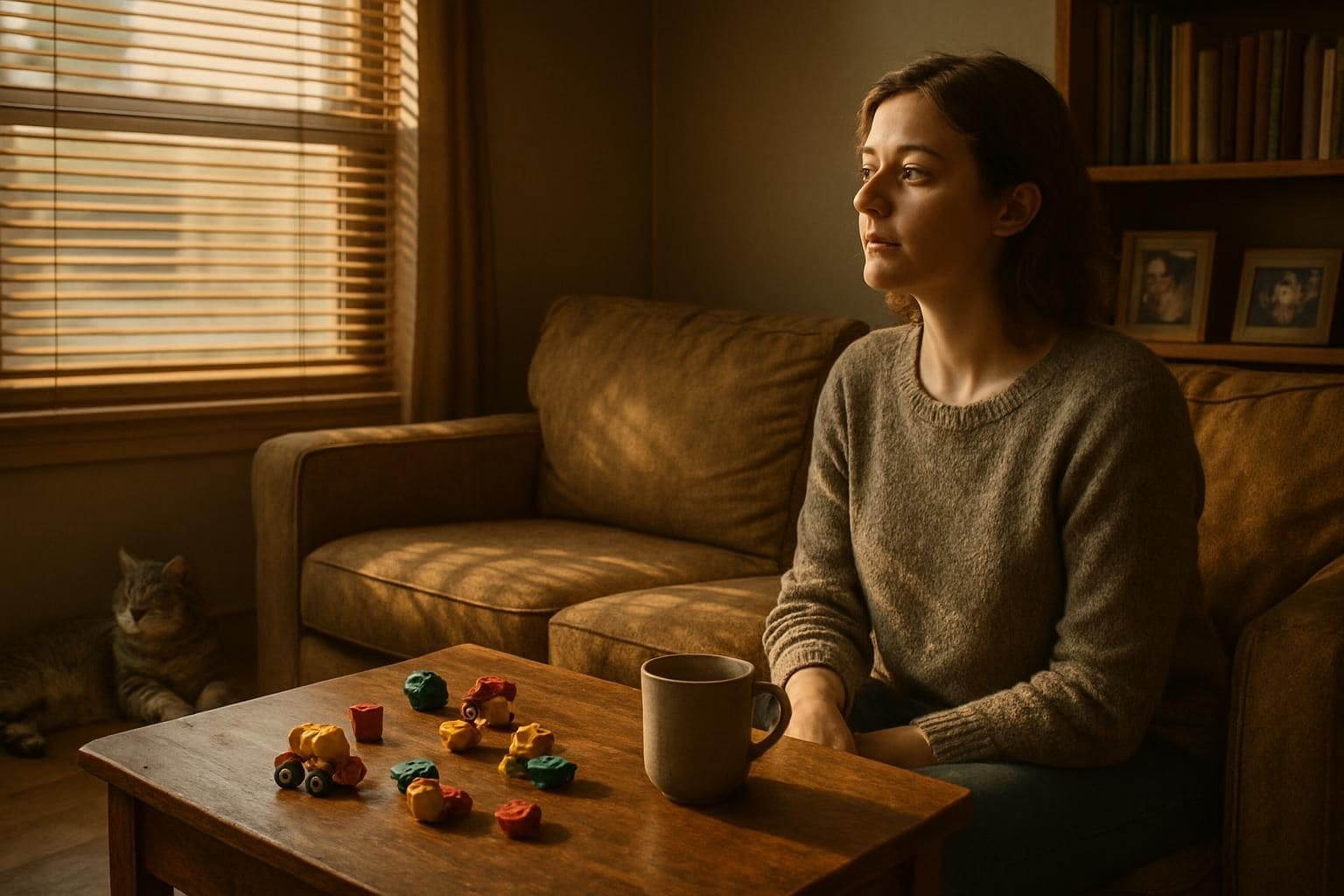 A cozy, lived-in living room with a well-worn sofa, scattered toys, and a relaxed cat. A cozy, lived-in living room with a well-worn sofa, scattered toys, and a relaxed cat.