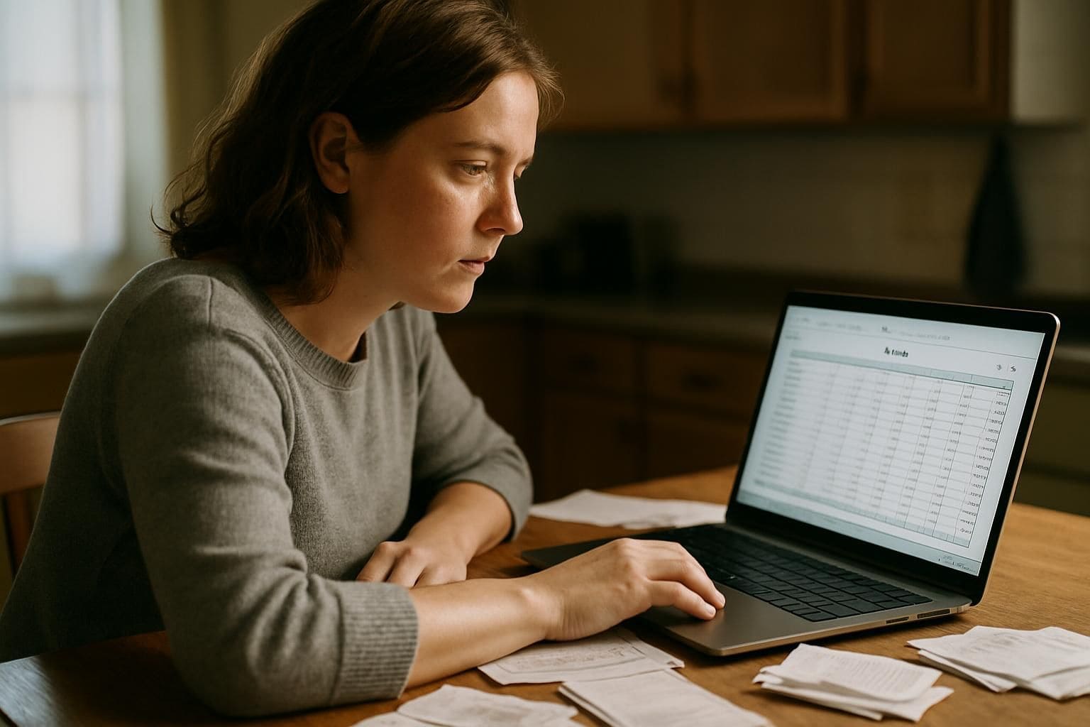 A woman in her mid-30s focuses intently on budget planning at her cluttered kitchen table. A woman in her mid-30s focuses intently on budget planning at her cluttered kitchen table.