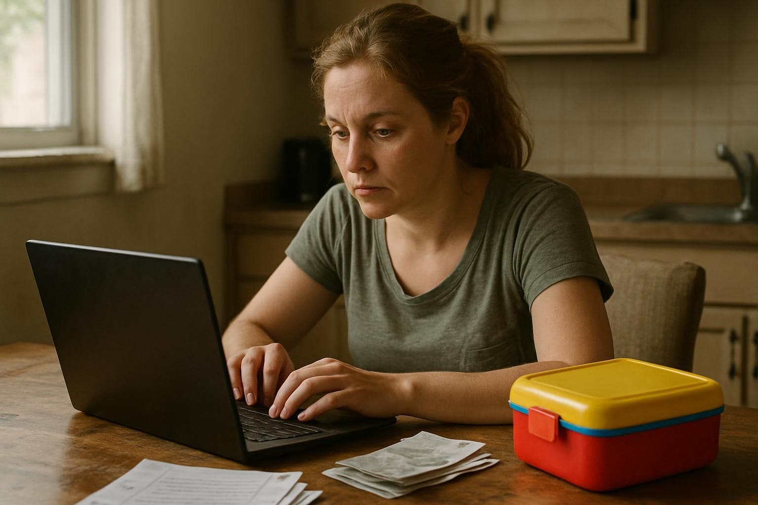 A tired woman in her 30s juggles work and parenting at a worn kitchen table. A tired woman in her 30s juggles work and parenting at a worn kitchen table.