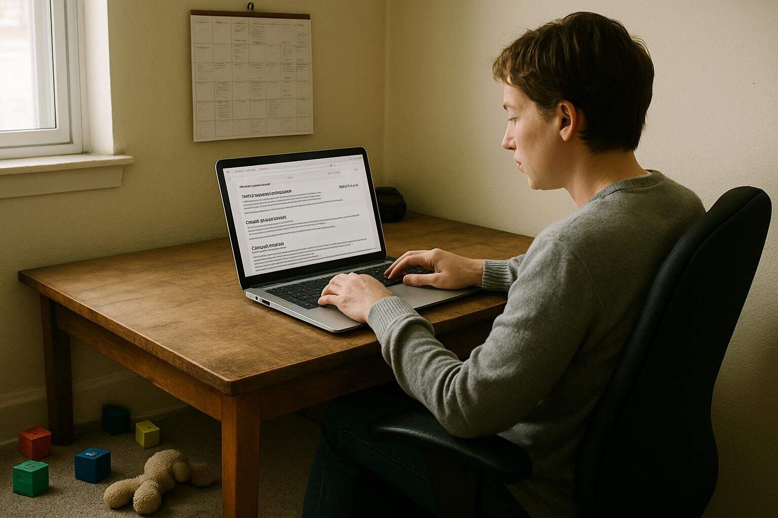 A cluttered home office with a busy parent researching local childcare options on a laptop. A cluttered home office with a busy parent researching local childcare options on a laptop.