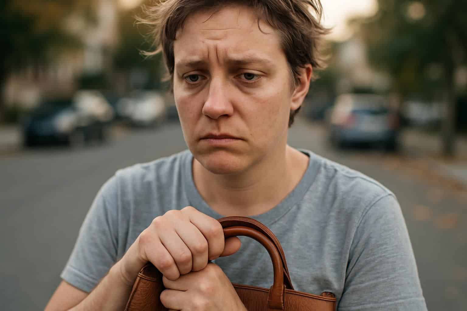 A tired single parent, mid-30s, in urban setting, holding a leather handbag, showing signs of fatigue. A tired single parent, mid-30s, in urban setting, holding a leather handbag, showing signs of fatigue.